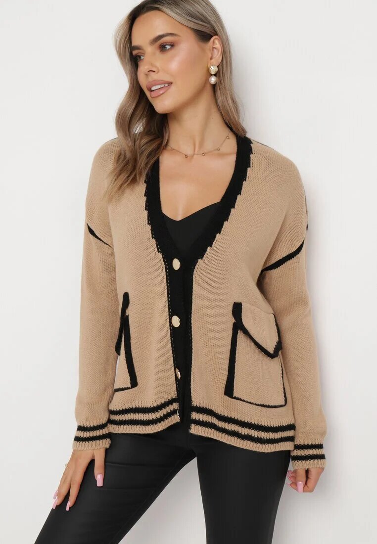 lily rose Pulover Cardigan Bej închis Decorat cu borduri contrastante Sunje