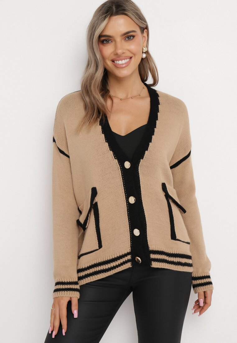 lily rose Pulover Cardigan Bej închis Decorat cu borduri contrastante Sunje