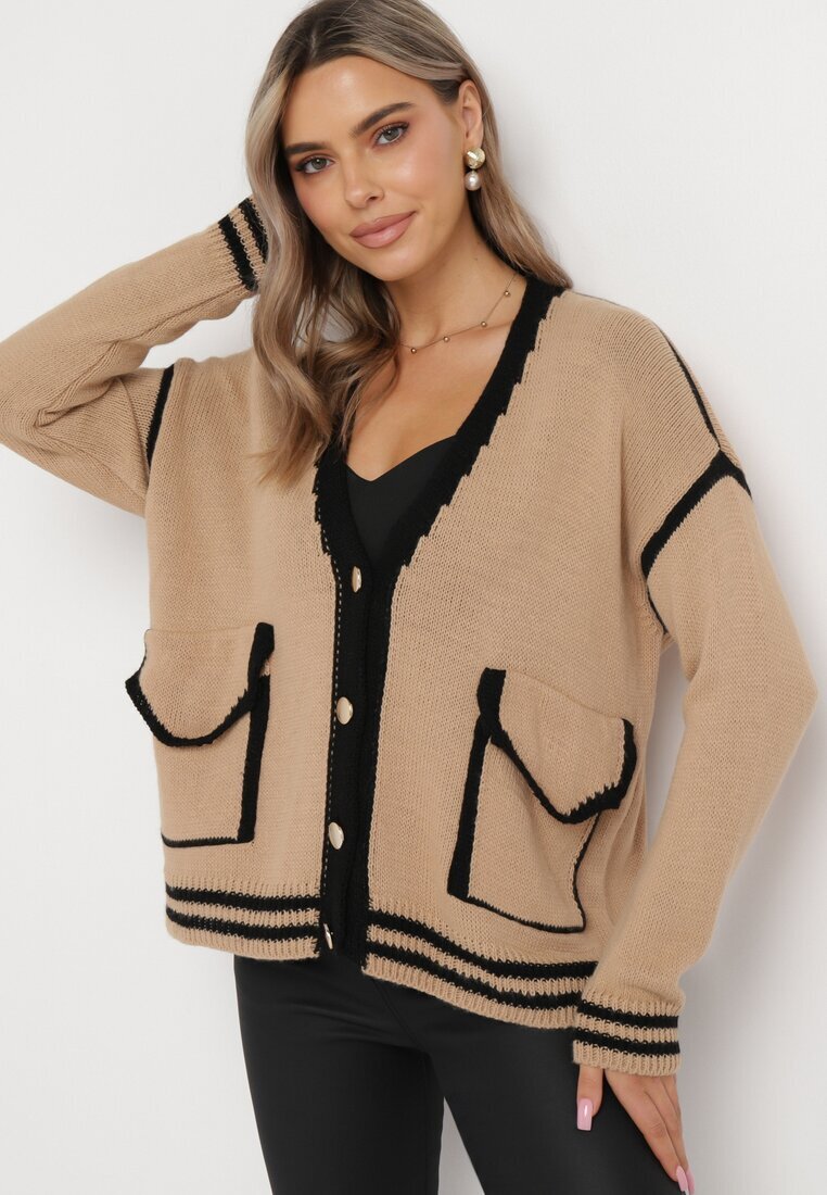 lily rose Pulover Cardigan Bej închis Decorat cu borduri contrastante Sunje