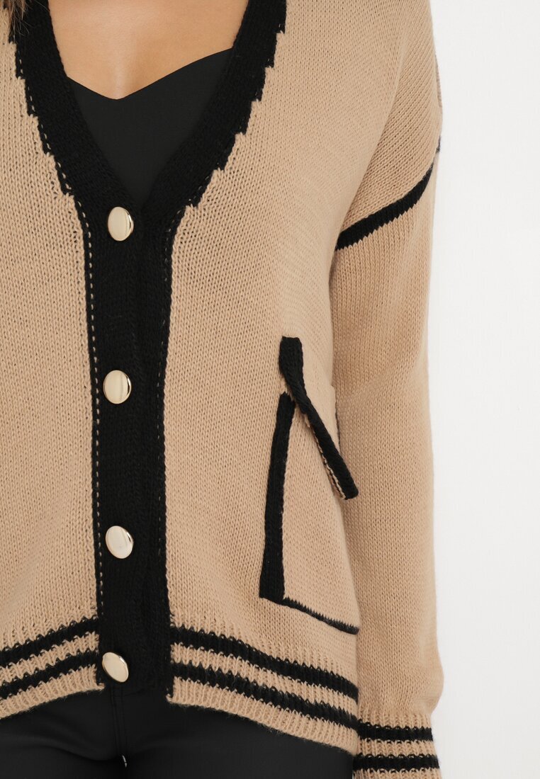 lily rose Pulover Cardigan Bej închis Decorat cu borduri contrastante Sunje