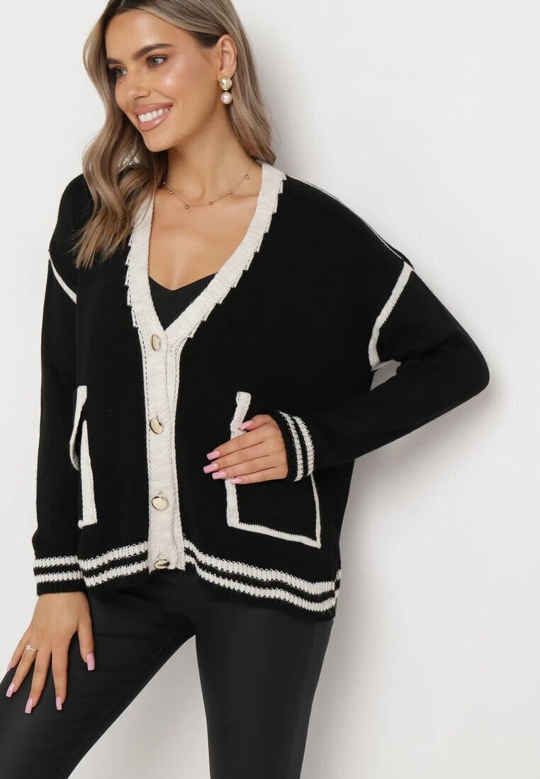 lily rose Pulover Cardigan Negru Decorat cu borduri contrastante Sunje