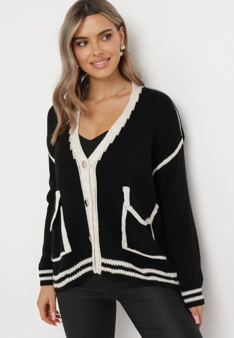 lily rose Pulover Cardigan Negru Decorat cu borduri contrastante Sunje