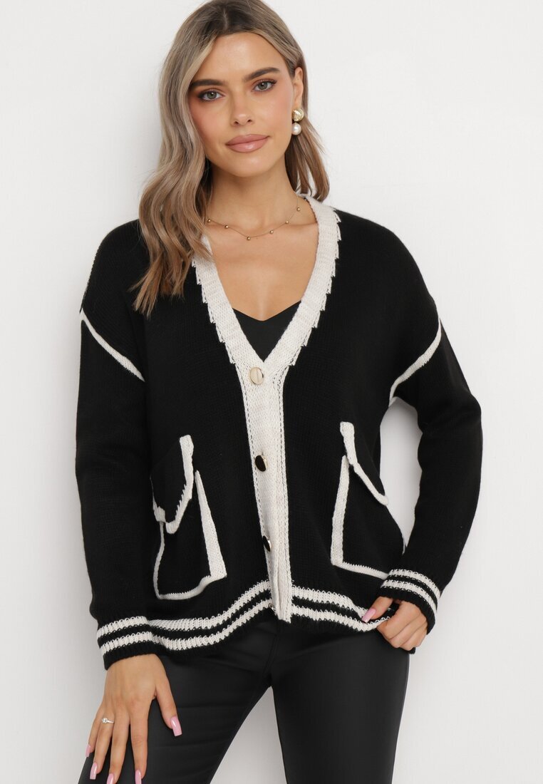 lily rose Pulover Cardigan Negru Decorat cu borduri contrastante Sunje