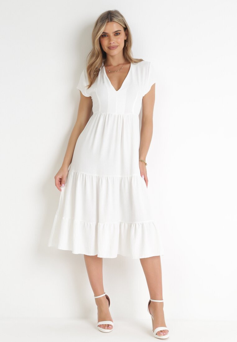 lily rose Rochie Albă Midi Cloș cu Volane Sanissa