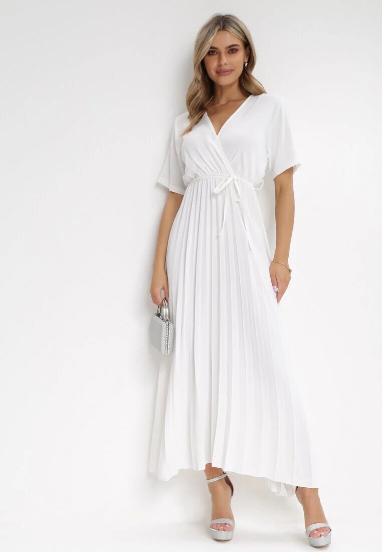 lily rose Rochie Albă Plisată Maxi cu Cordon Legat Dianiza