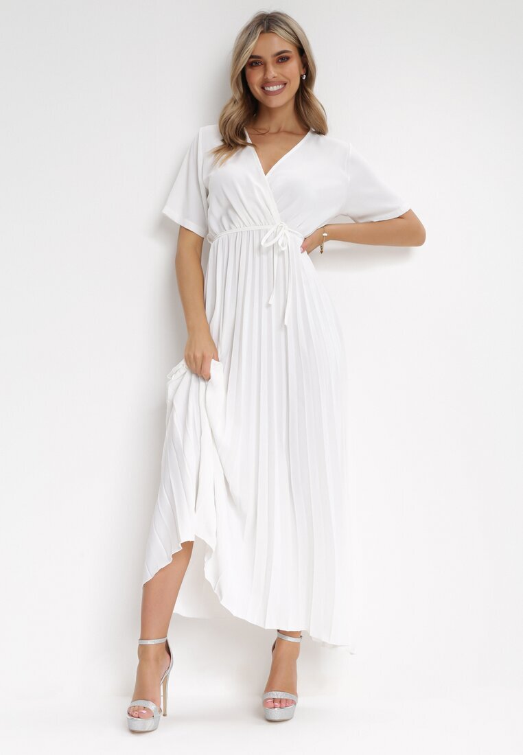 lily rose Rochie Albă Plisată Maxi cu Cordon Legat Dianiza