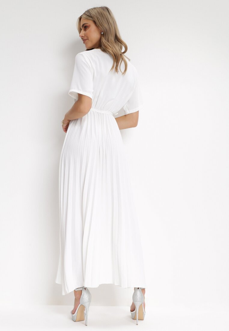 lily rose Rochie Albă Plisată Maxi cu Cordon Legat Dianiza