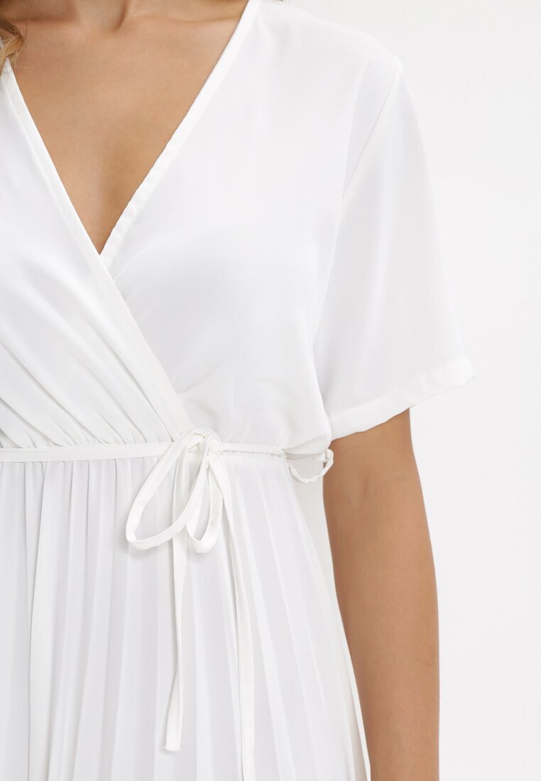 lily rose Rochie Albă Plisată Maxi cu Cordon Legat Dianiza