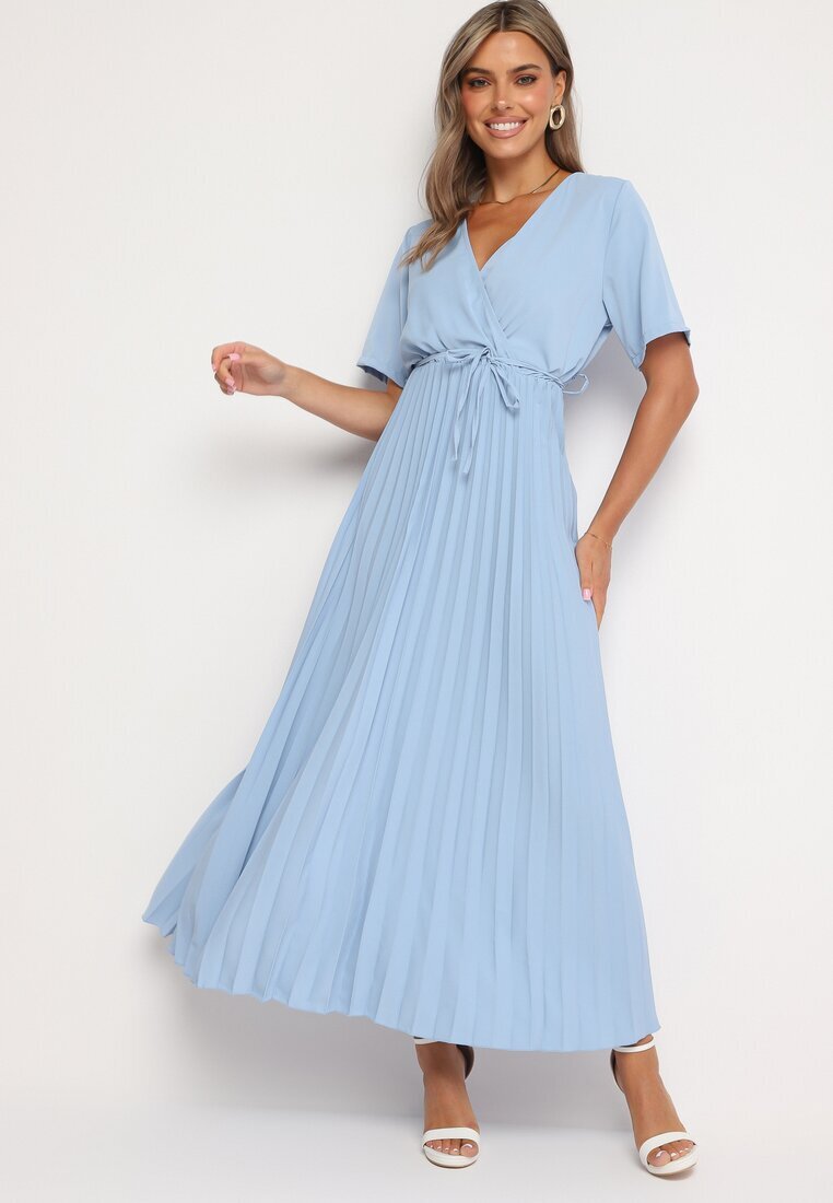 lily rose Rochie Albastră Plisată Maxi cu Cordon Legat Dianiza
