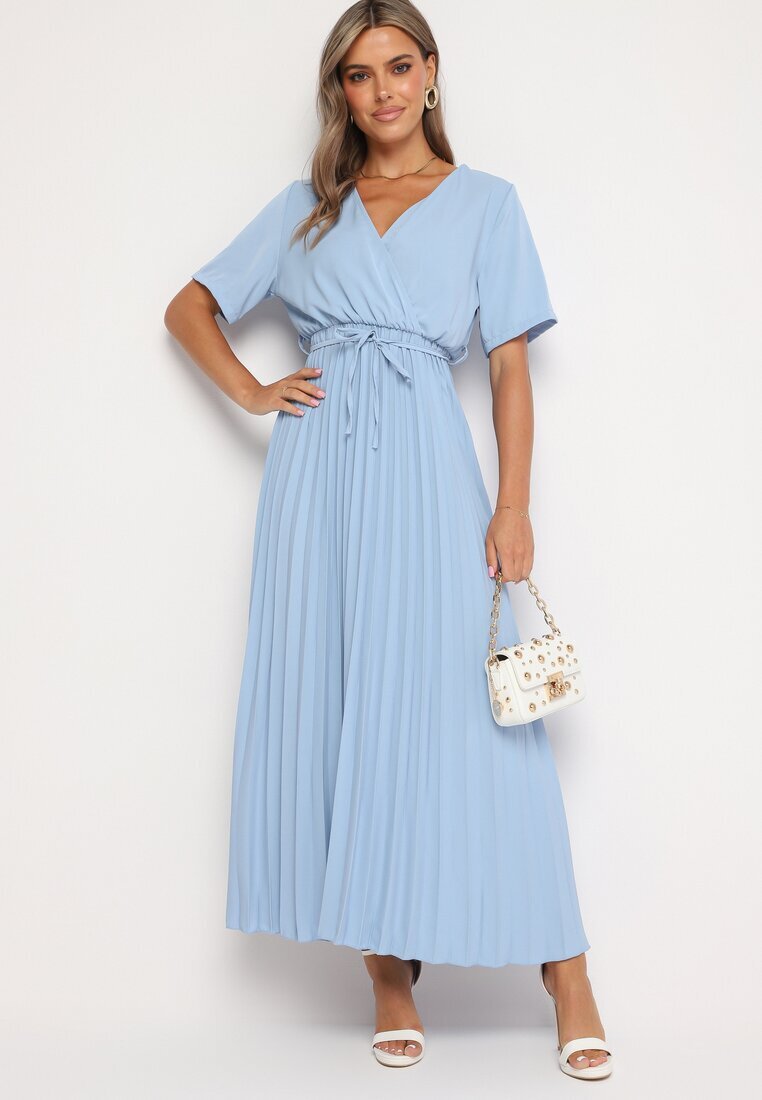 lily rose Rochie Albastră Plisată Maxi cu Cordon Legat Dianiza