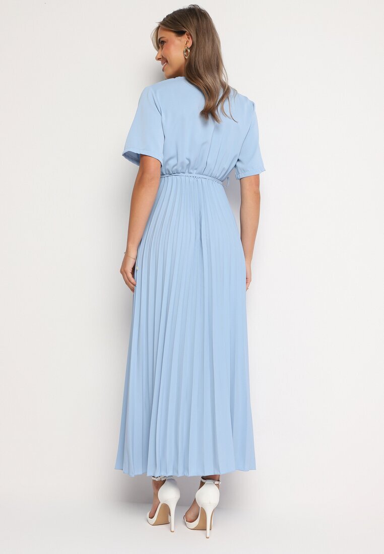lily rose Rochie Albastră Plisată Maxi cu Cordon Legat Dianiza