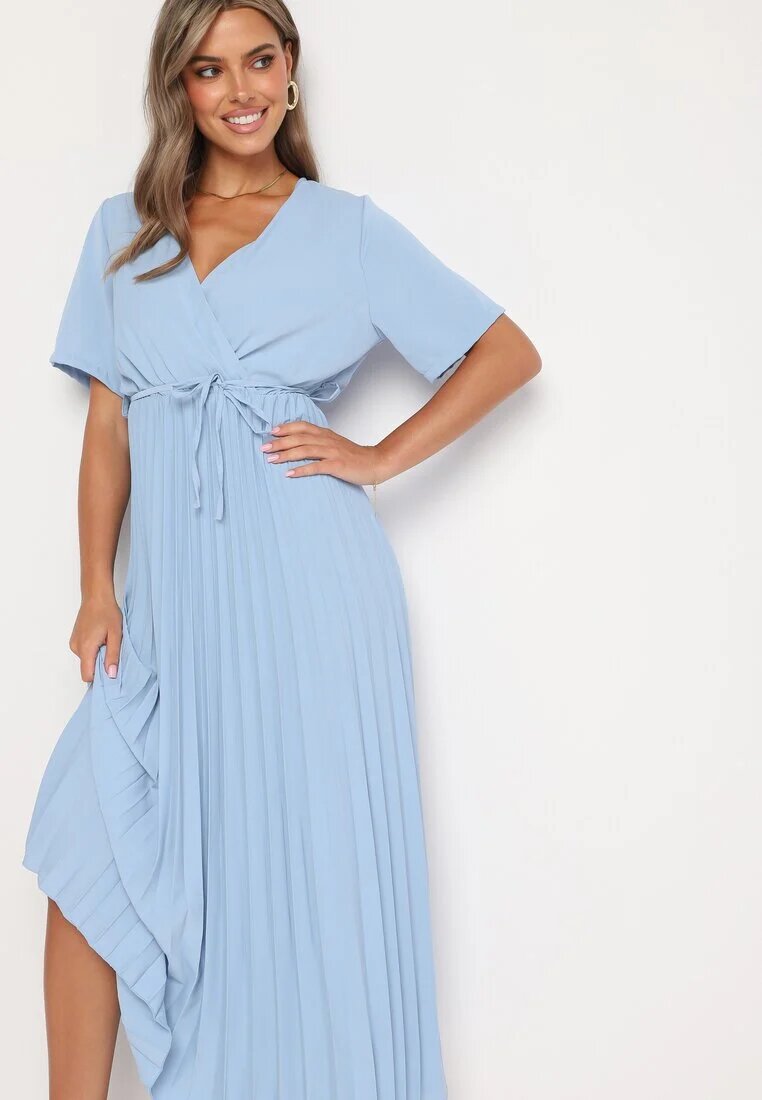 lily rose Rochie Albastră Plisată Maxi cu Cordon Legat Dianiza