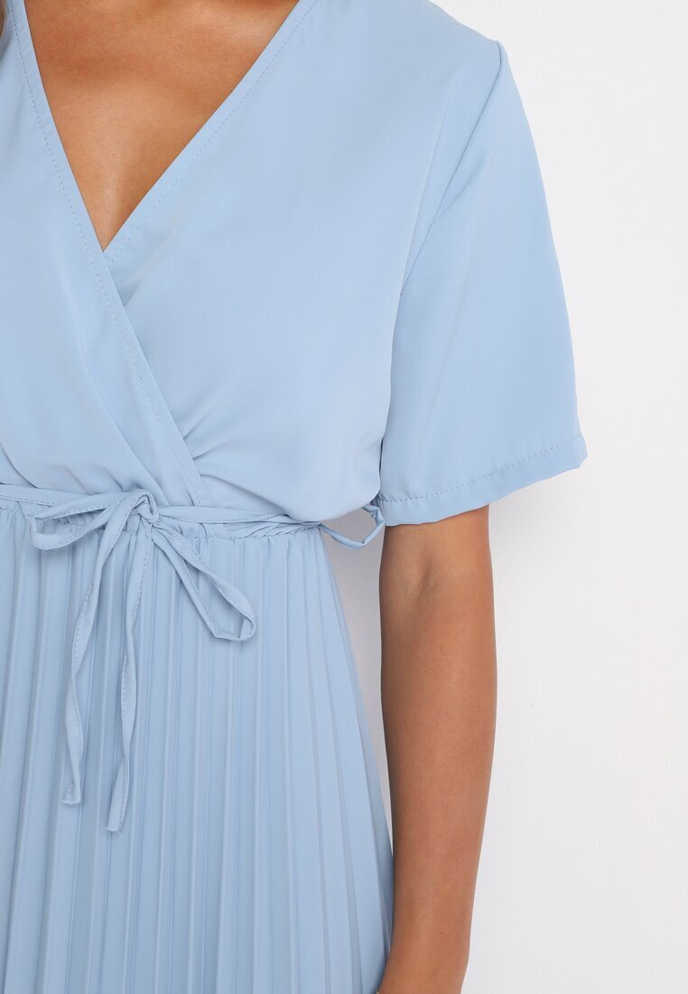 lily rose Rochie Albastră Plisată Maxi cu Cordon Legat Dianiza