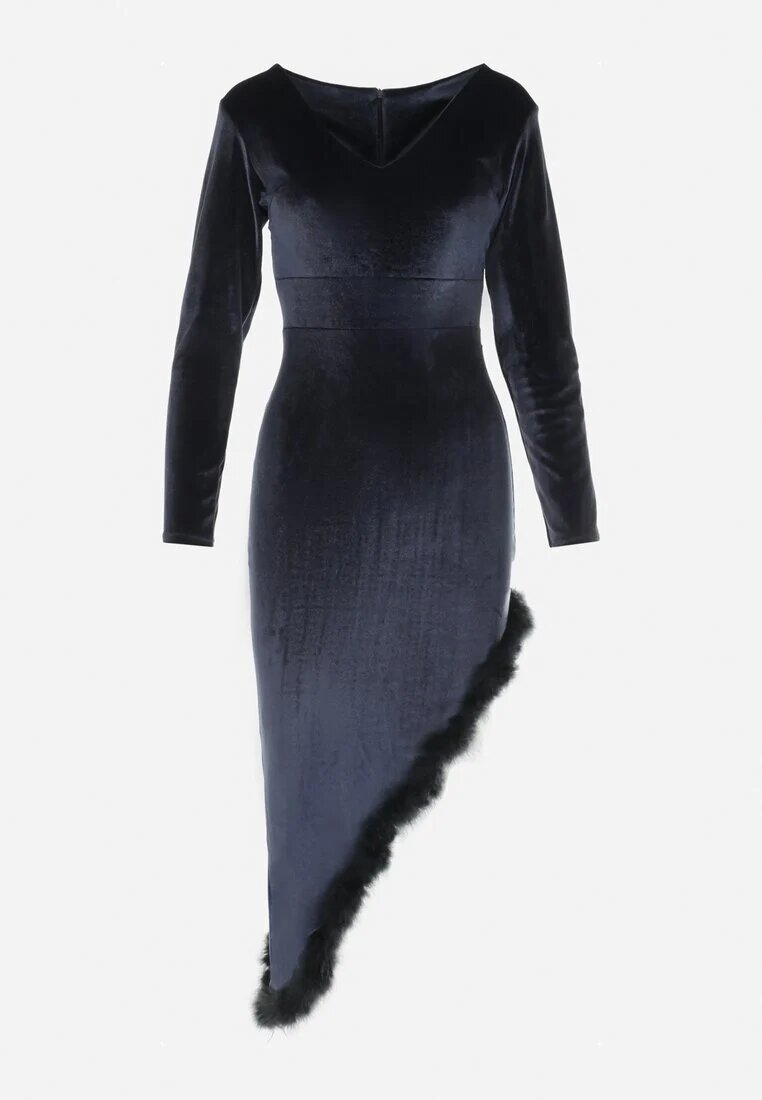 lily rose Rochie Asimetrică Bleumarin din Velur cu Pene Ganzoria