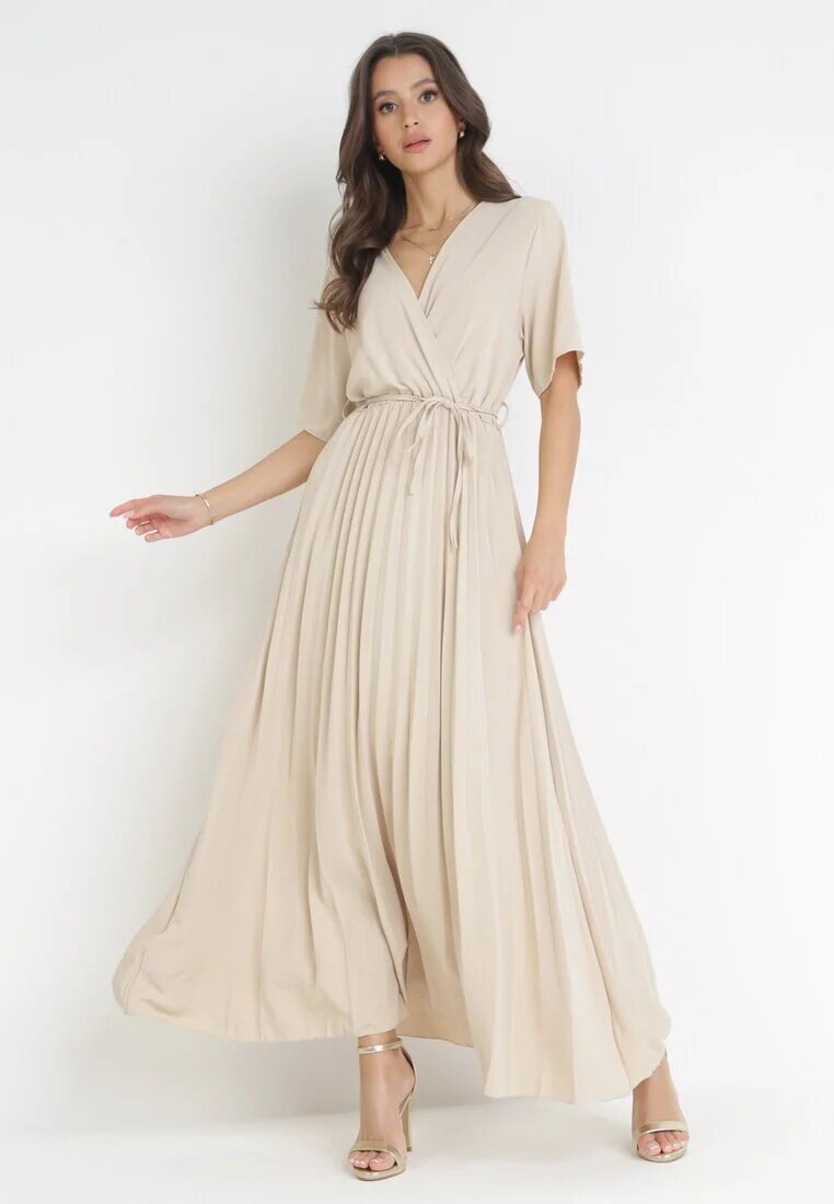 lily rose Rochie Bej Plisată Maxi cu Cordon Legat Dianiza