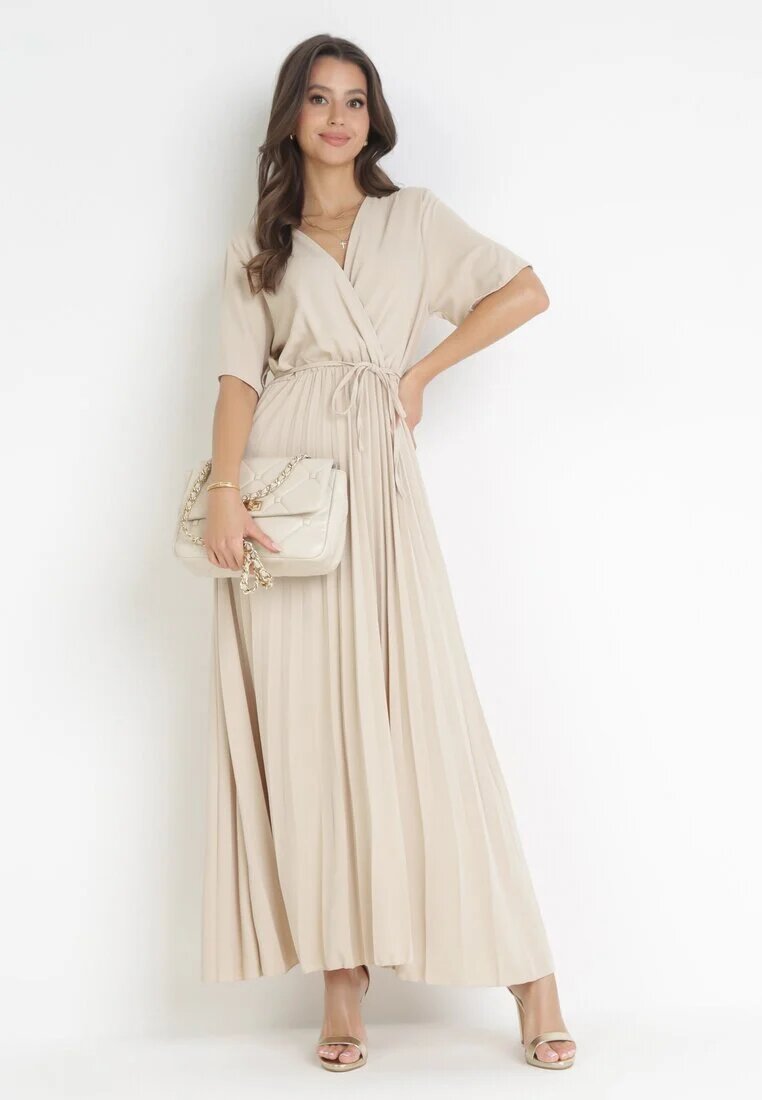 lily rose Rochie Bej Plisată Maxi cu Cordon Legat Dianiza