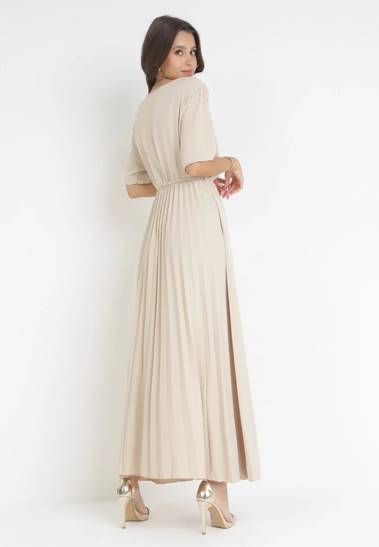 lily rose Rochie Bej Plisată Maxi cu Cordon Legat Dianiza