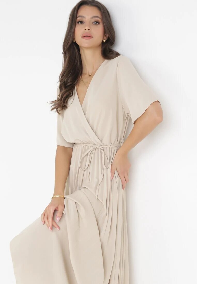 lily rose Rochie Bej Plisată Maxi cu Cordon Legat Dianiza