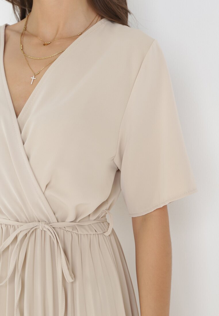 lily rose Rochie Bej Plisată Maxi cu Cordon Legat Dianiza