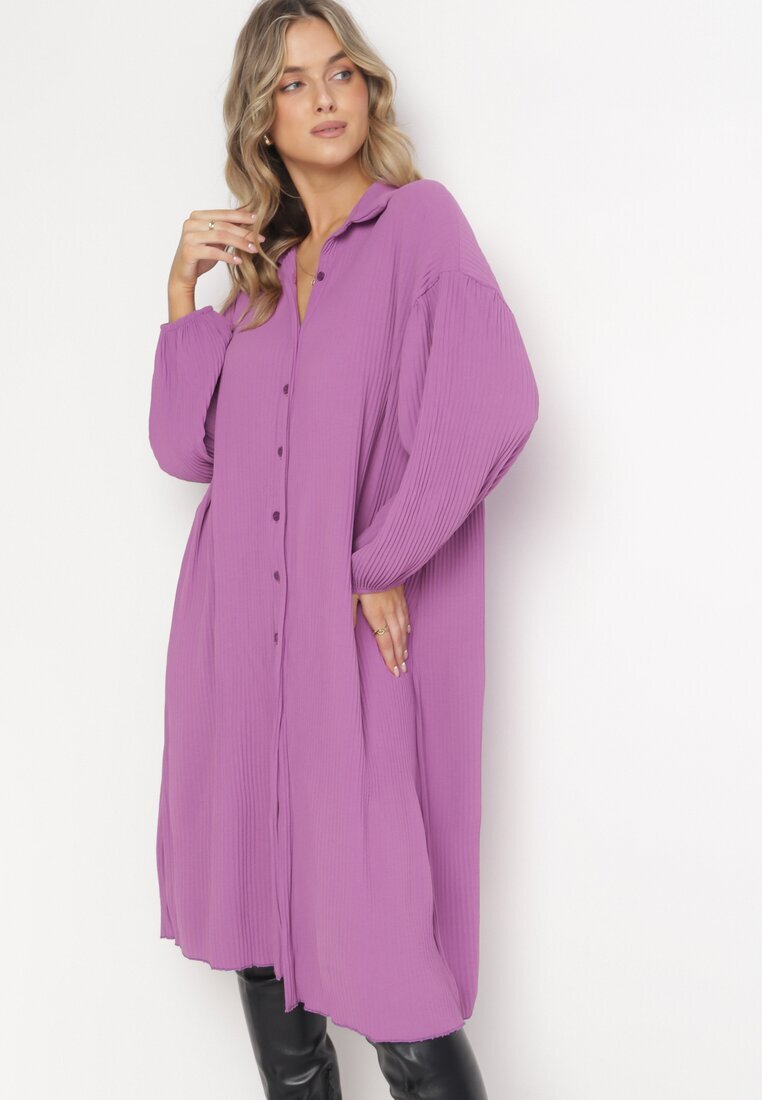 lily rose Rochie cămașă mov midi din țesătură plisată cu nasturi Safira