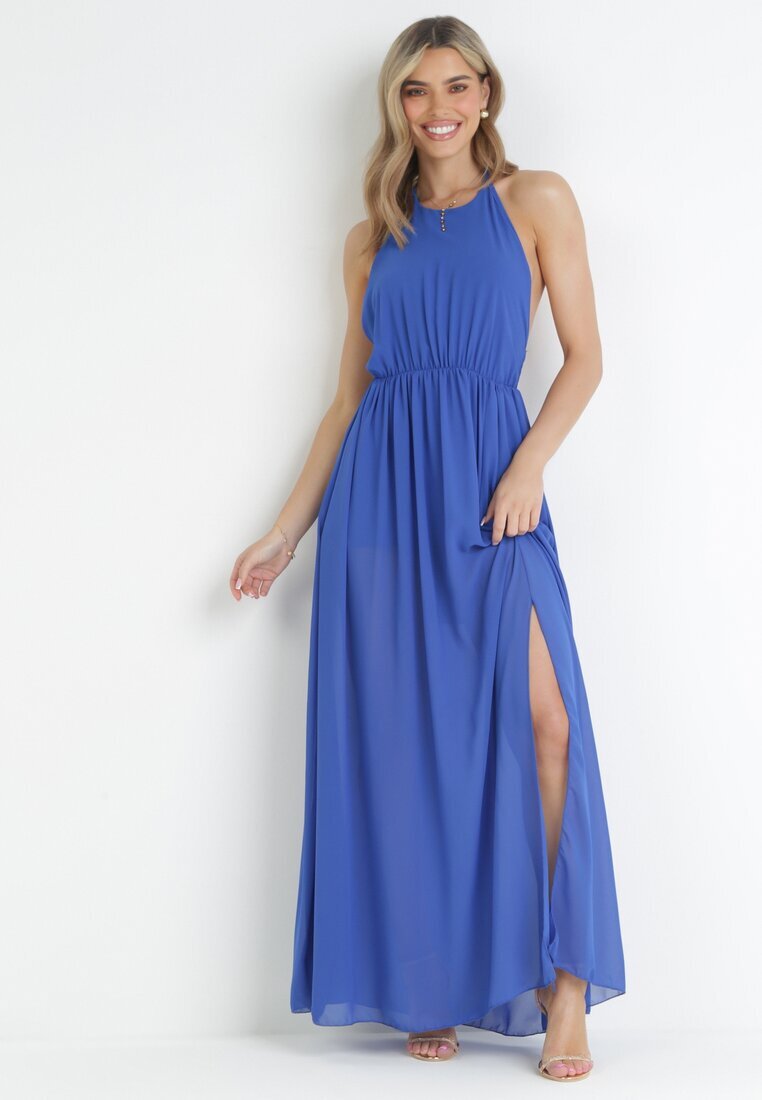 lily rose Rochie Cloche Maxi Bleumarin cu Legătură la Gât și Elastic în Talie Mackenta