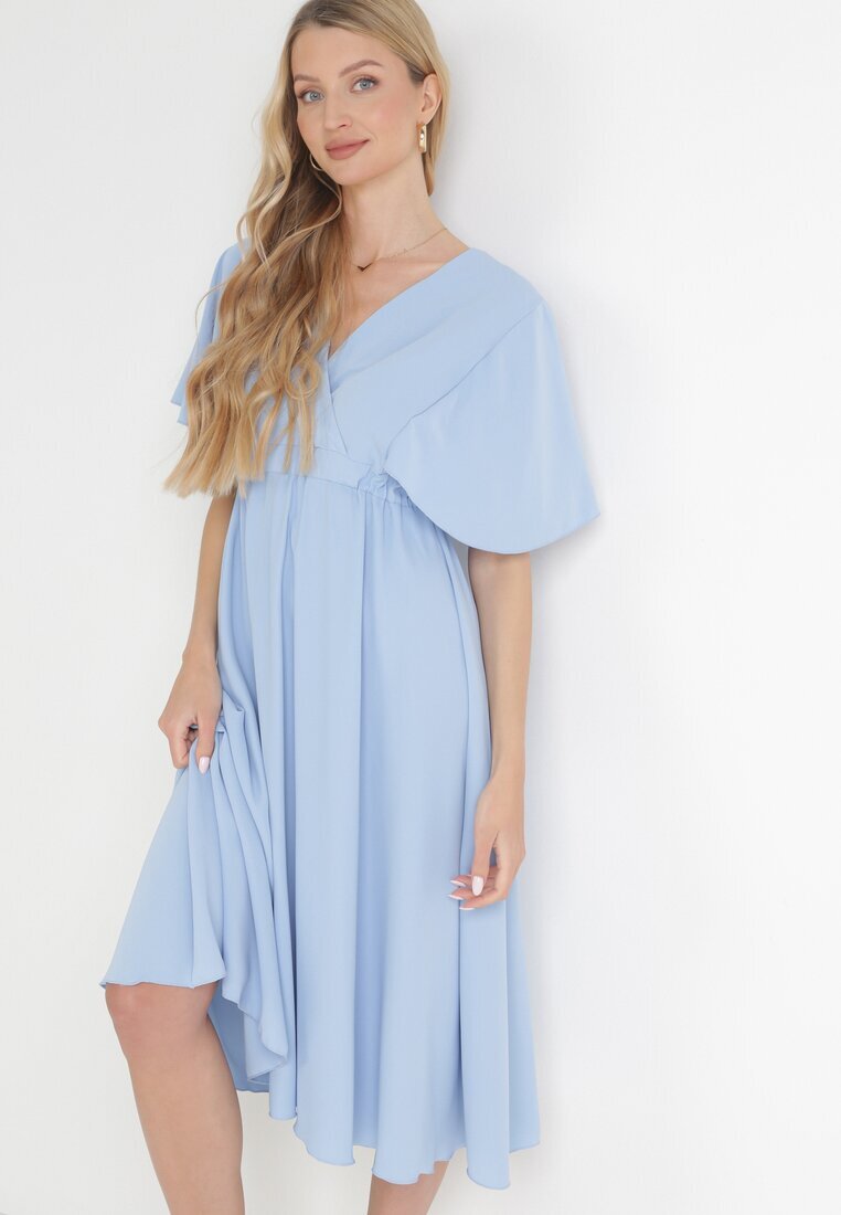 lily rose Rochie Cloș Midi Albastră cu decolteu petrecut și elastic în talie Muntani