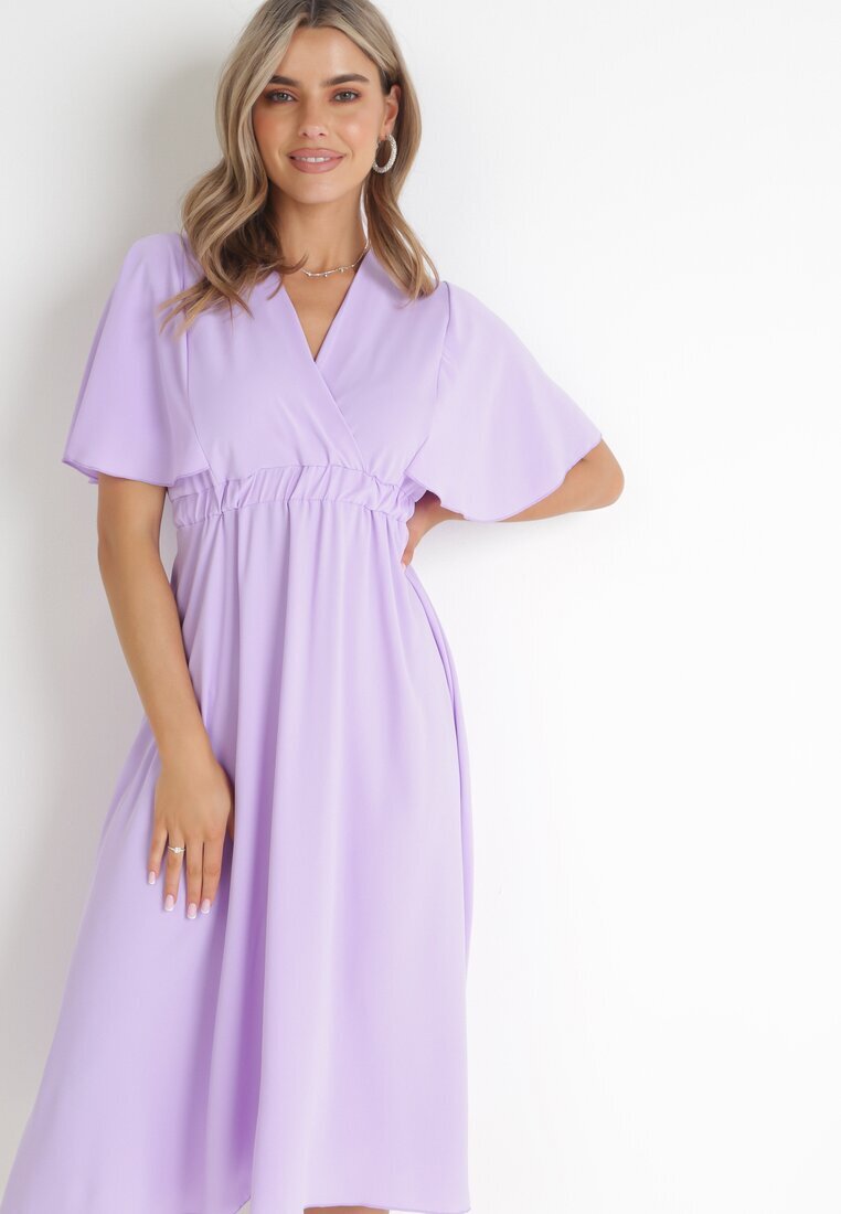 lily rose Rochie Midi Mov Cloș cu Decolteu Petrecut și Elastic în Talie Muntani