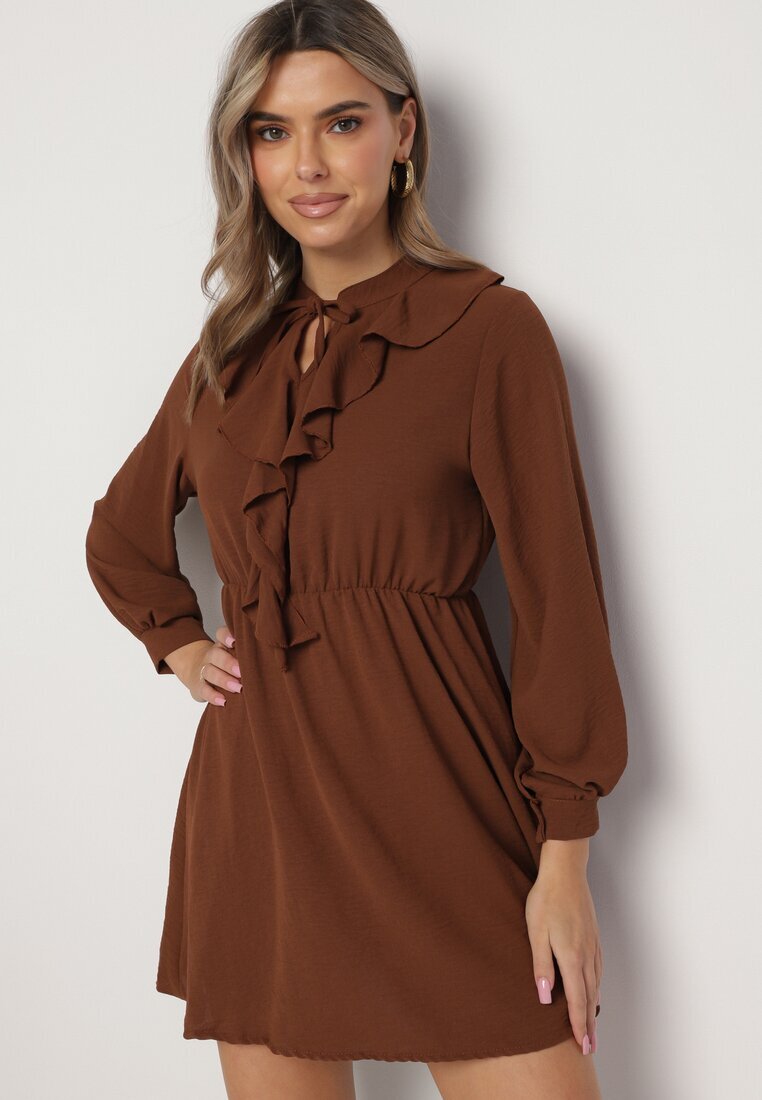lily rose Rochie Mini Evazată Maro cu elastic în talie și legătură la decolteu Aganzza