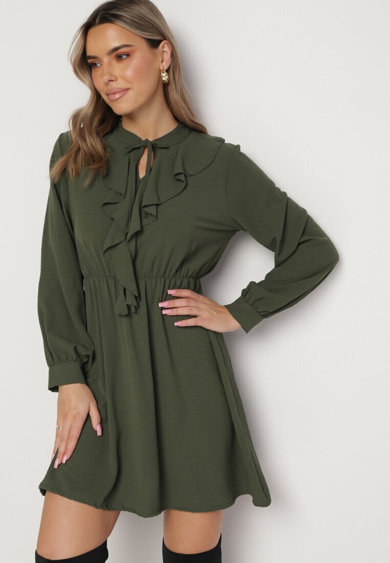 lily rose Rochie Mini Evazată Verde cu Elastic în Talie și Legătură la Decolteu Aganzza