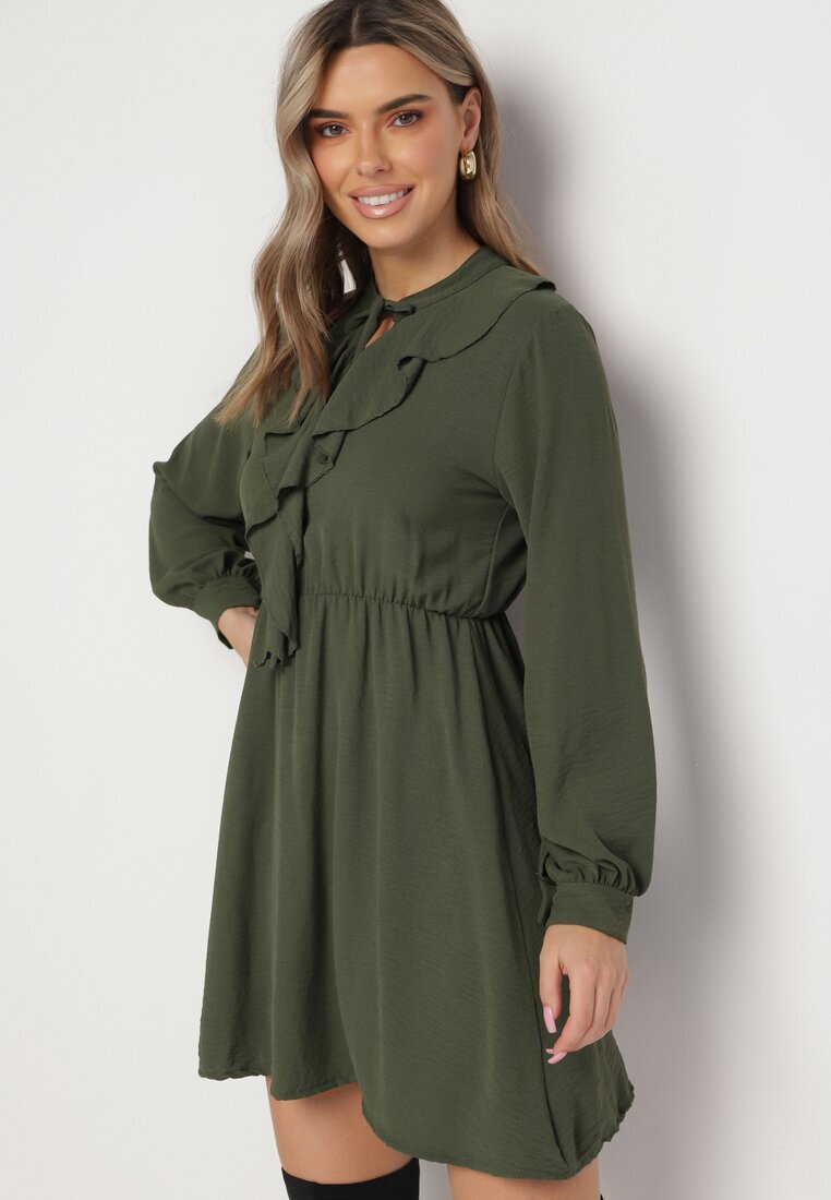 lily rose Rochie Mini Evazată Verde cu Elastic în Talie și Legătură la Decolteu Aganzza