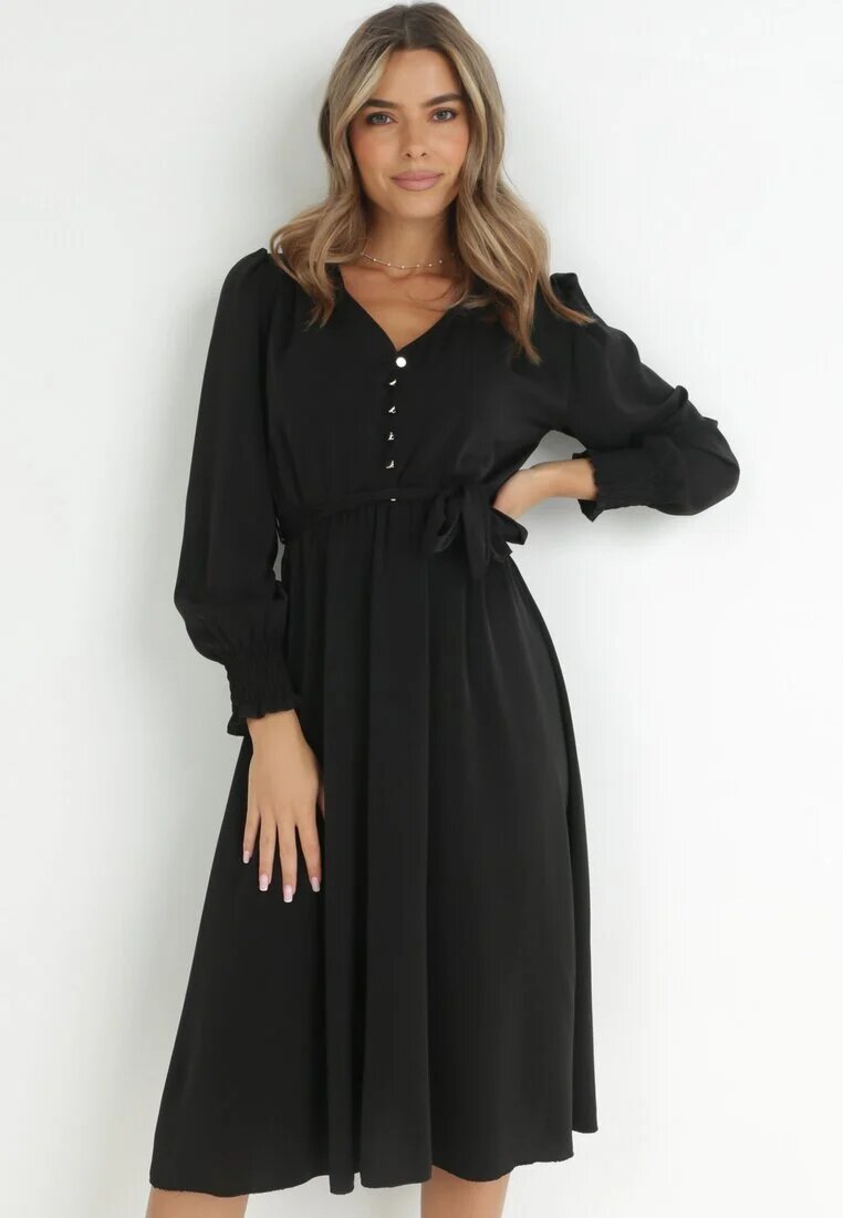 lily rose Rochie Neagră cu Mânecă Bufantă și Nasturi la Decolteu Mozelle