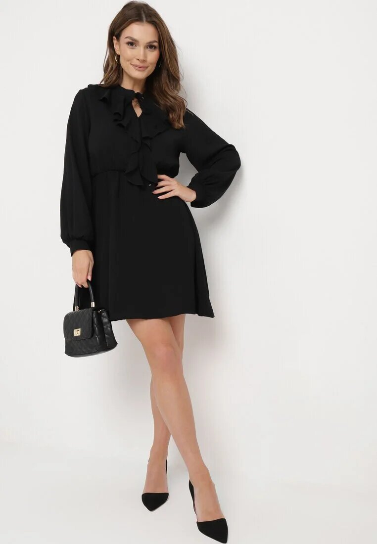 lily rose Rochie neagră mini evazată cu talie elastică și legătură la decolteu Aganzza