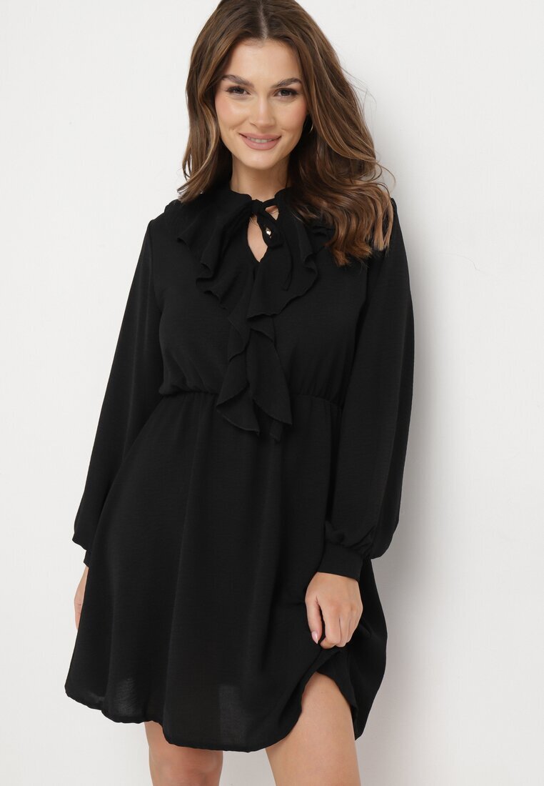 lily rose Rochie neagră mini evazată cu talie elastică și legătură la decolteu Aganzza