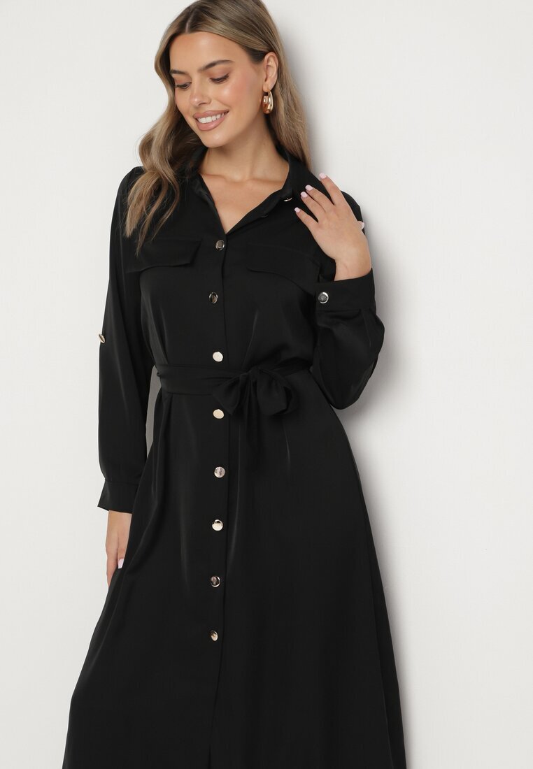 lily rose Rochie Neagră Tip cămașă cu nasturi eleganti și cordon legat în talie Kortella