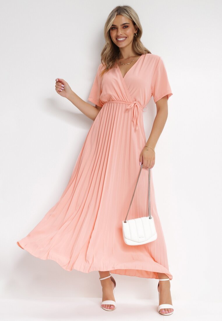 lily rose Rochie Roz Plisată Maxi cu Cordon Legat Dianiza