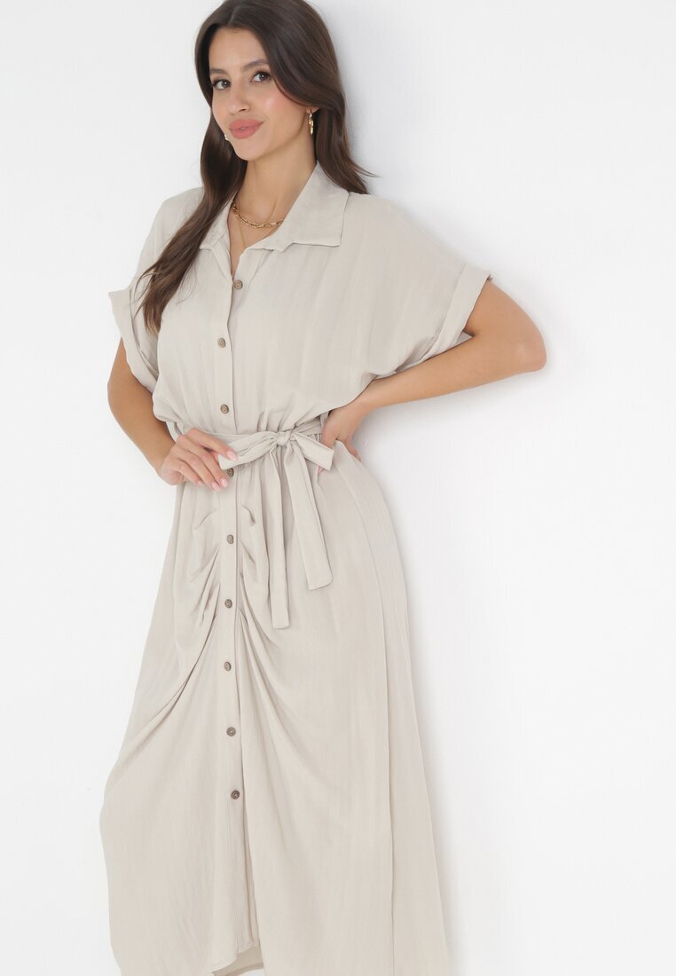 lily rose Rochie tip cămașă Midi Bej deschis cu elastic în talie și o curea din material din viscoză Skeisa