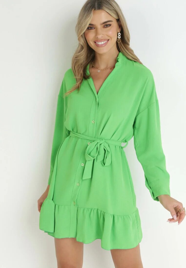lily rose Rochie tip cămașă Verde cu Volănaș și Curea cu nod Fian