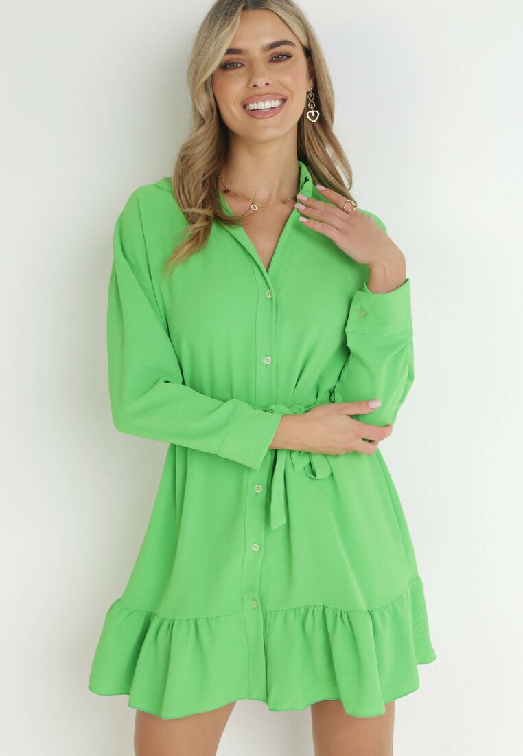 lily rose Rochie tip cămașă Verde cu Volănaș și Curea cu nod Fian