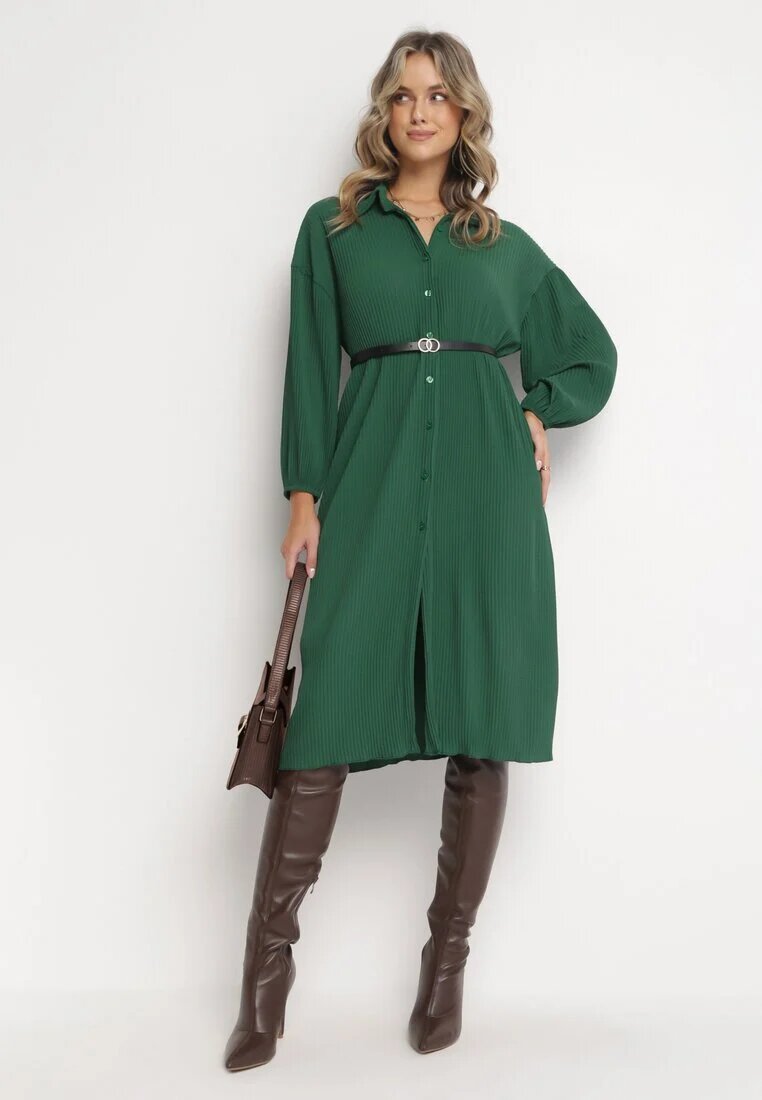 lily rose Rochie Verde închis Tip cămașă Midi din material plisat cu nasturi Safira