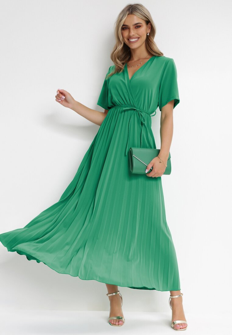 lily rose Rochie Verde Plisată Maxi cu Cordon Legat Dianiza
