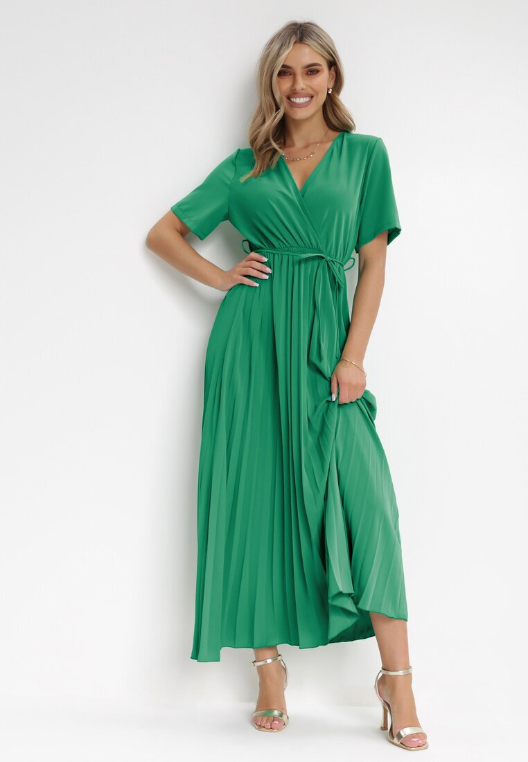 lily rose Rochie Verde Plisată Maxi cu Cordon Legat Dianiza