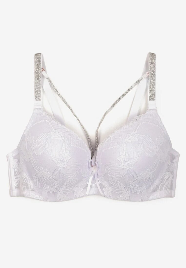 love magnolia Sutien Alb din Dantelă cu Bretele Decorative și Zirconii Emlimi