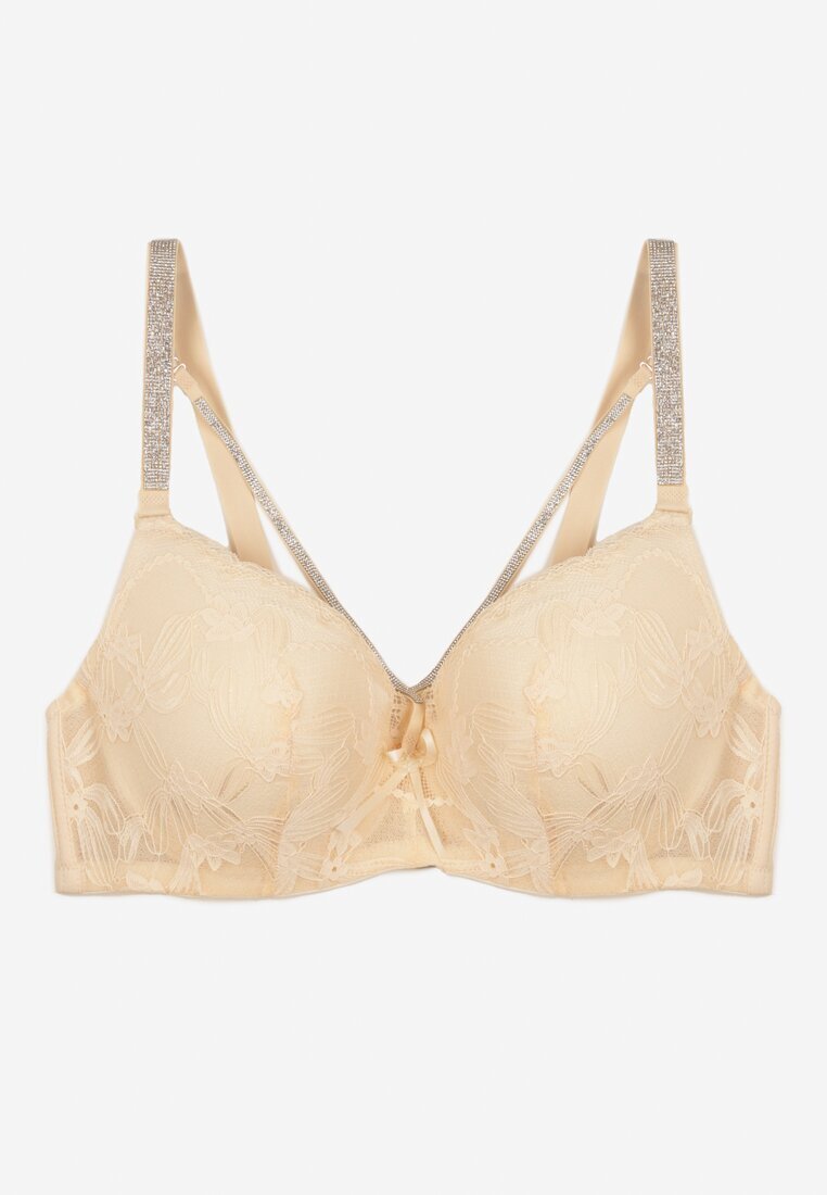 love magnolia Sutien Bej deschis din dantelă cu bretele decorative și zirconii Emlimi