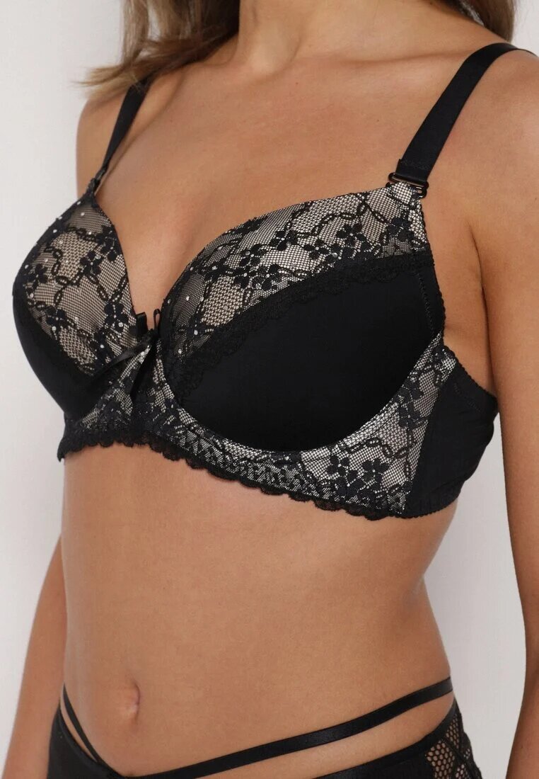 love magnolia Sutien Negru-Bej Decorat cu Zirconii și Dantelă Corraella