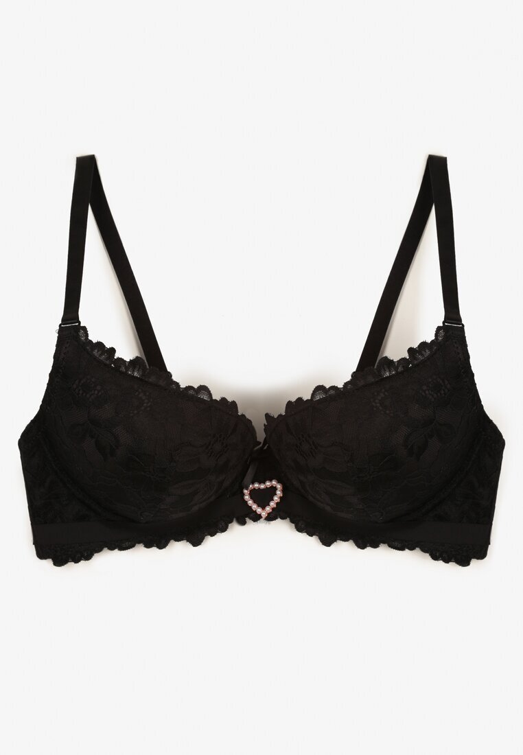 love magnolia Sutien Negru Decorat cu Dantelă și cu Inimă de Zirconiu Fannel
