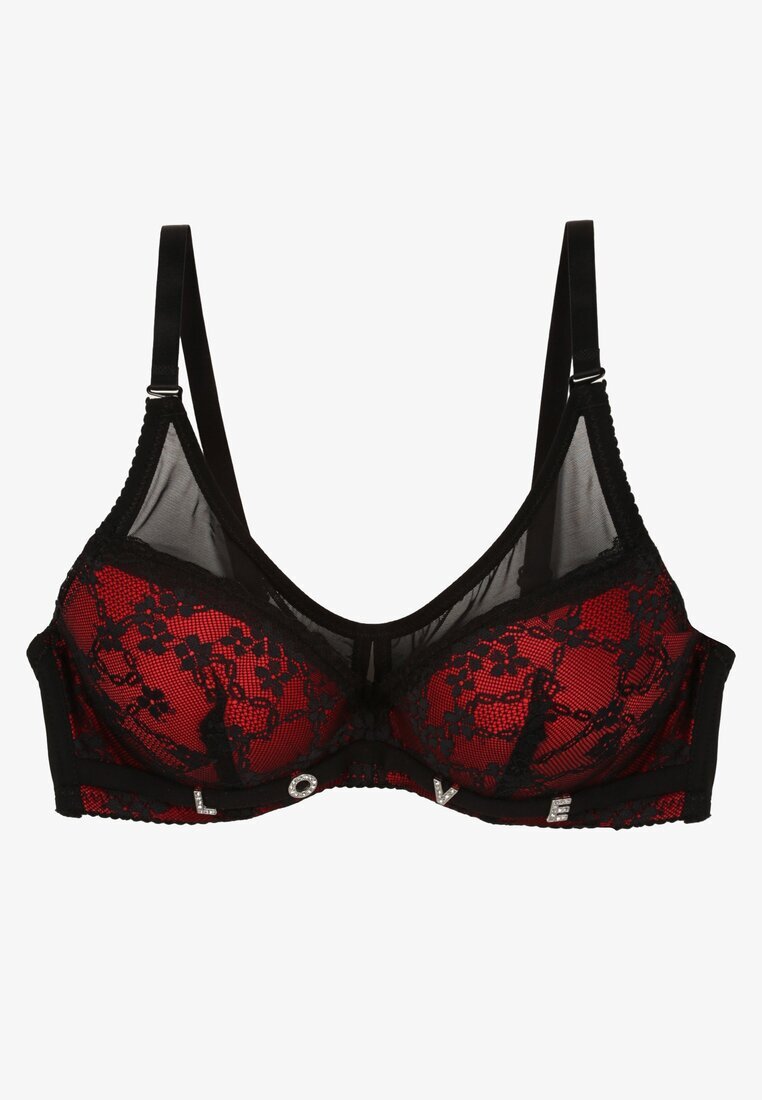 love magnolia Sutien Negru-Roșu cu Decorațiuni din Dantelă și Bretele Detașabile Renarra