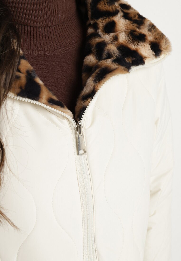 lovery Geacă Puffer Bej Reversibilă cu Matlasare și Blană Leopard Selinnia