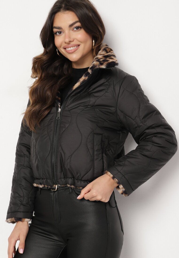 lovery Jachetă Puffer Neagră Reversibilă cu matlasare și blană leopard Selinnia