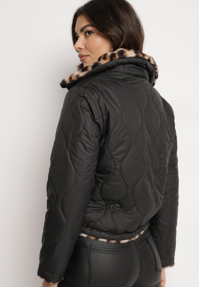 lovery Jachetă Puffer Neagră Reversibilă cu matlasare și blană leopard Selinnia
