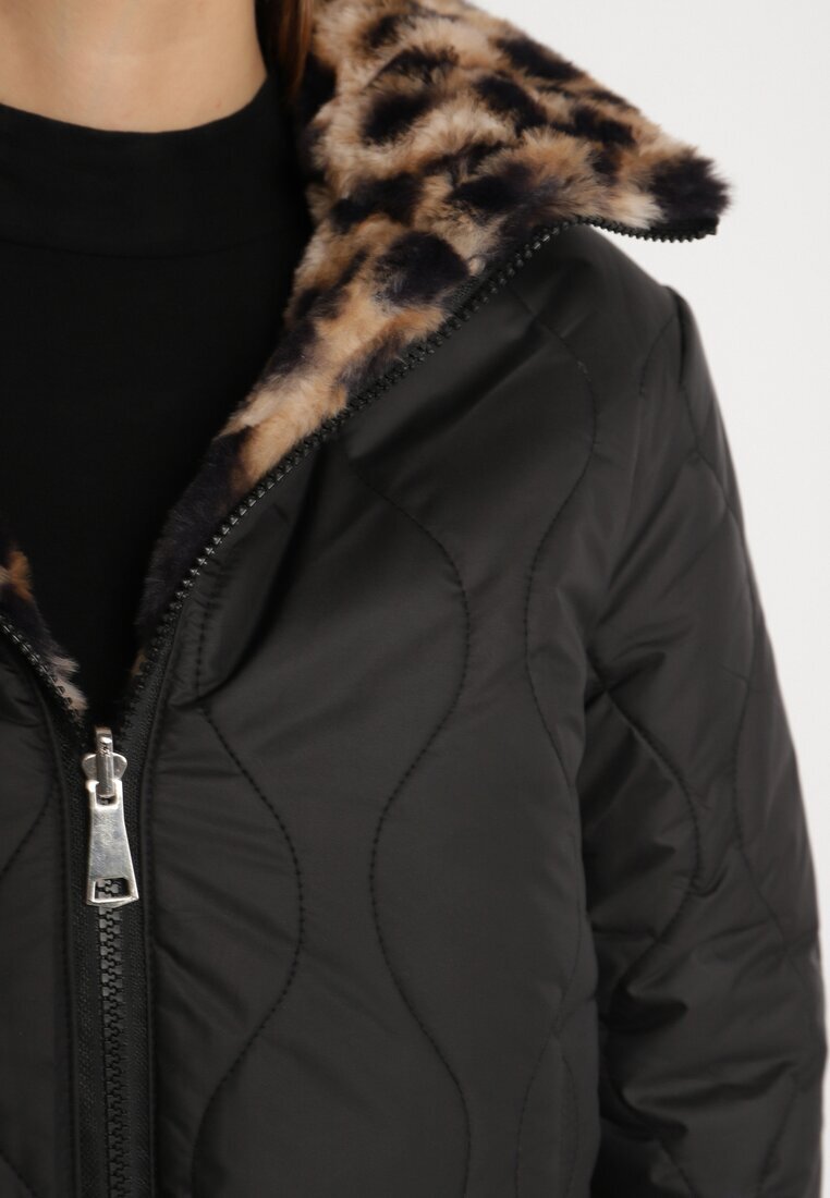 lovery Jachetă Puffer Neagră Reversibilă cu matlasare și blană leopard Selinnia